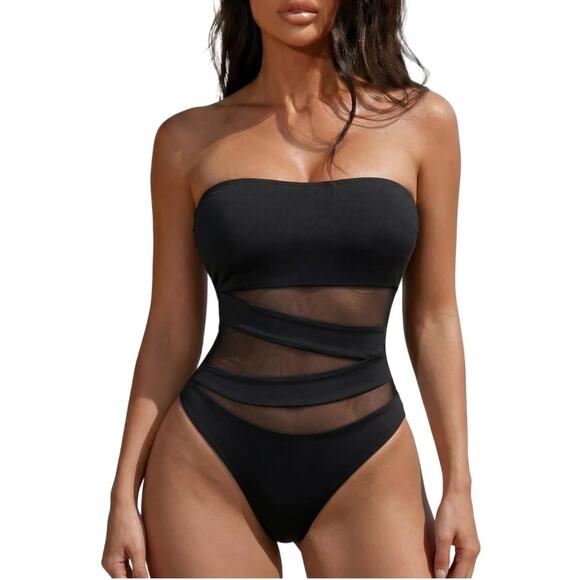 Holipick Other - Holipick Women Black Mesh One Piece Swimsuit Strapless Cutout L NWT